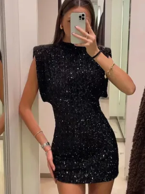 Toleet-2024 Fashion Sequin Mini Dress For Women Elegant O-Neck Sleeveless Shiny Black Dress Female Y2K Chic Evening Party Dress