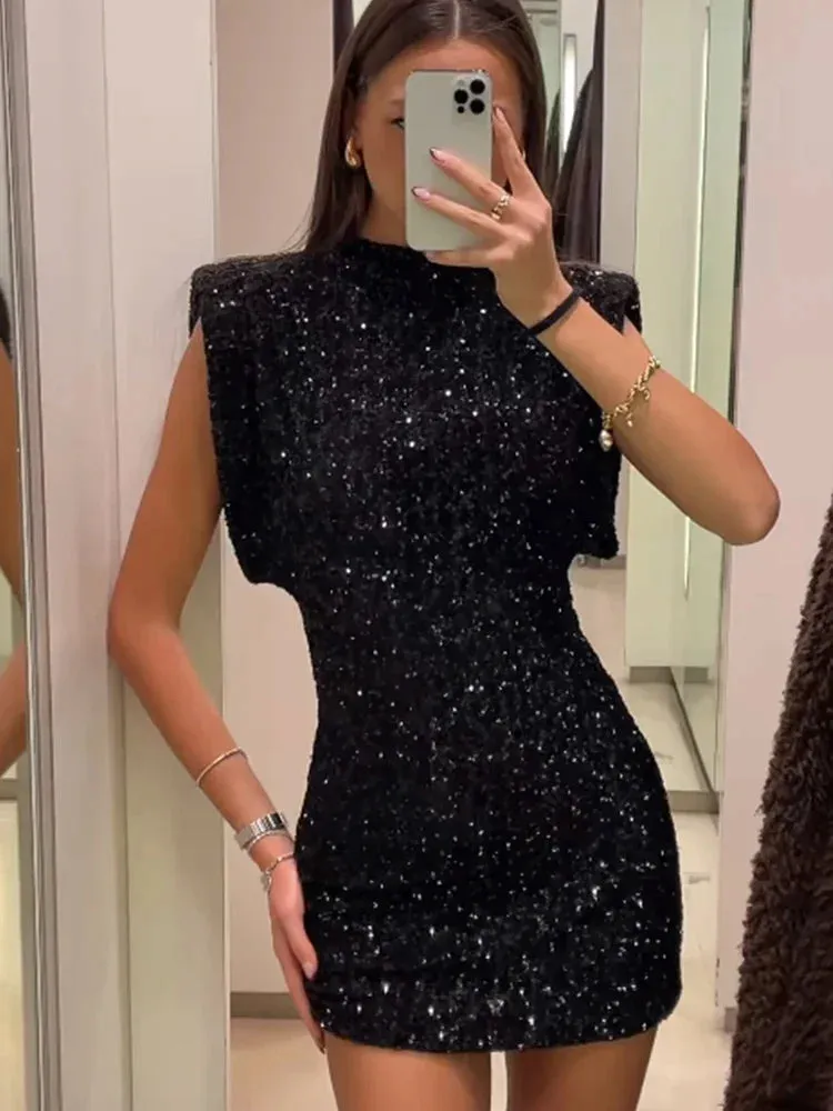 Toleet-2024 Fashion Sequin Mini Dress For Women Elegant O-Neck Sleeveless Shiny Black Dress Female Y2K Chic Evening Party Dress