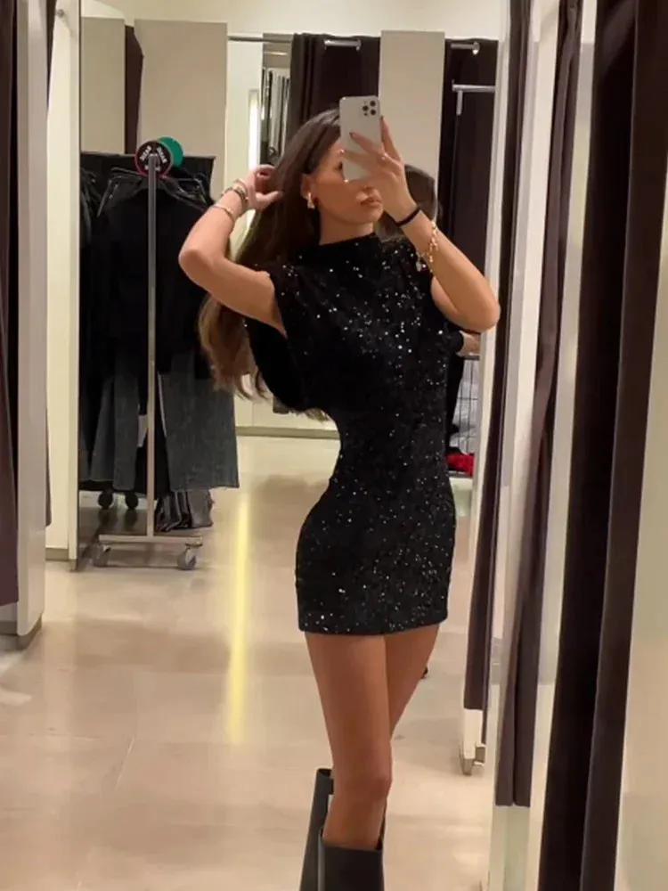 Toleet-2024 Fashion Sequin Mini Dress For Women Elegant O-Neck Sleeveless Shiny Black Dress Female Y2K Chic Evening Party Dress