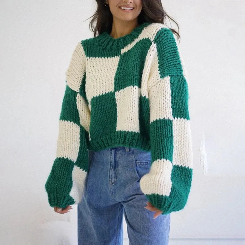 Toleet-Chic Plaid Print Cropped Knitted Sweaters Women Fashion Long Sleeve Pullover Autumn Winter Warm Comfy Knitwear Y2K Streetwear