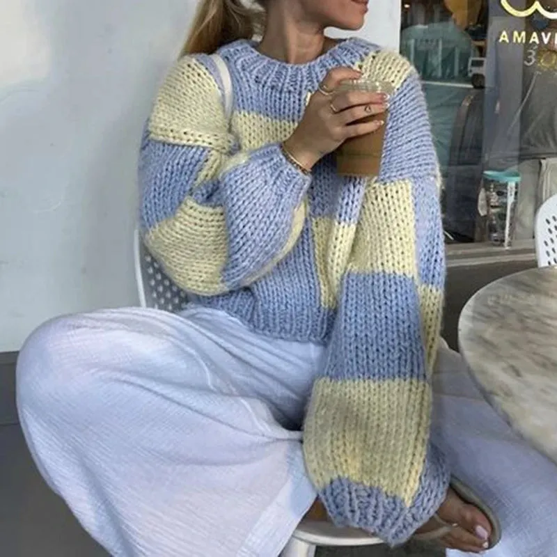 Toleet-Chic Plaid Print Cropped Knitted Sweaters Women Fashion Long Sleeve Pullover Autumn Winter Warm Comfy Knitwear Y2K Streetwear
