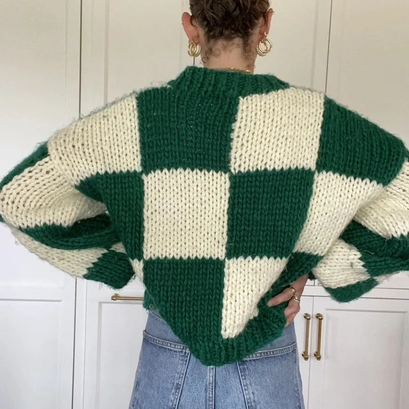 Toleet-Chic Plaid Print Cropped Knitted Sweaters Women Fashion Long Sleeve Pullover Autumn Winter Warm Comfy Knitwear Y2K Streetwear