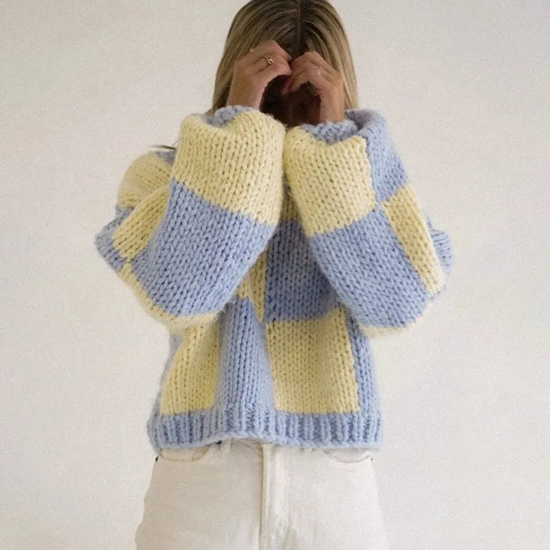 Toleet-Chic Plaid Print Cropped Knitted Sweaters Women Fashion Long Sleeve Pullover Autumn Winter Warm Comfy Knitwear Y2K Streetwear