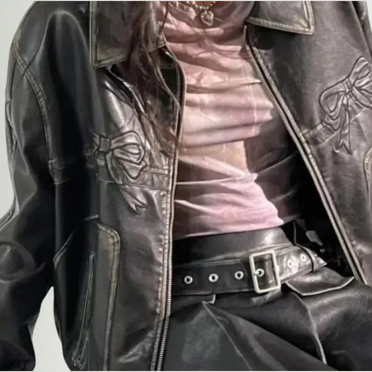 Toleet fashion outfits 2024 Winter Y2K women Street Style Outfits Christmas Thanksgiving outfits Autumn and Winter Personalized Street Cool Bow Motorcycle Leather Coat for Women