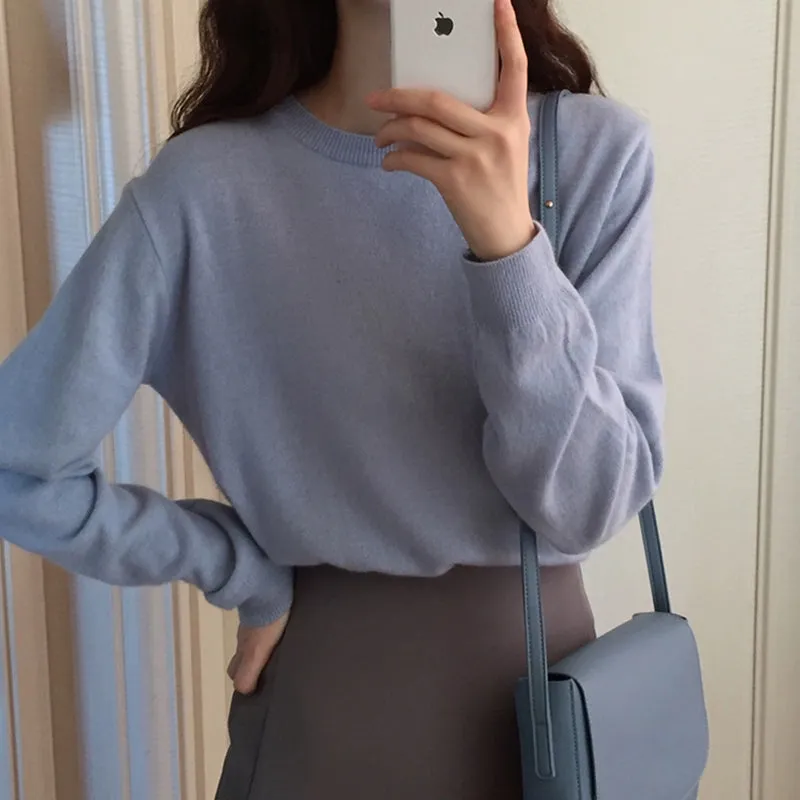 Toleet Y2K Street Style Fog and Haze Blue Short Crew Neck Inner Long Sleeve Sweater