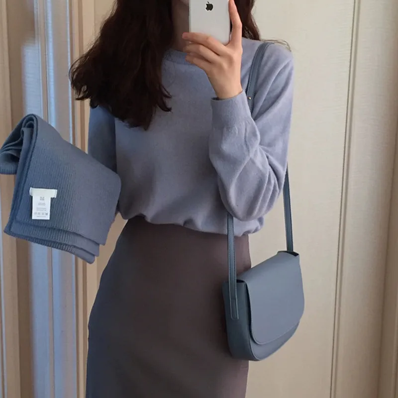 Toleet Y2K Street Style Fog and Haze Blue Short Crew Neck Inner Long Sleeve Sweater