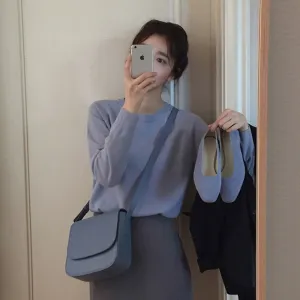 Toleet Y2K Street Style Fog and Haze Blue Short Crew Neck Inner Long Sleeve Sweater