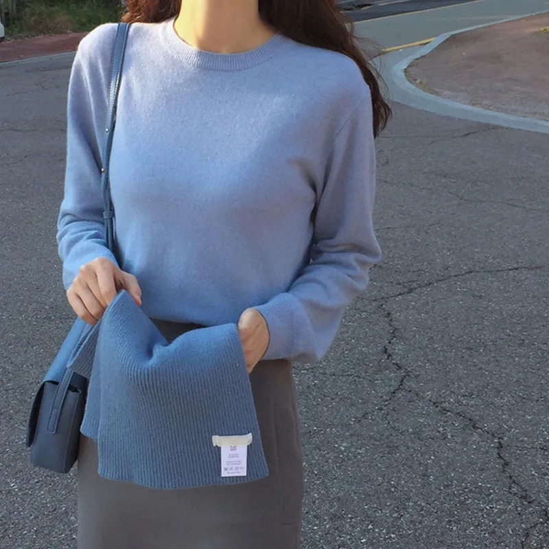 Toleet Y2K Street Style Fog and Haze Blue Short Crew Neck Inner Long Sleeve Sweater