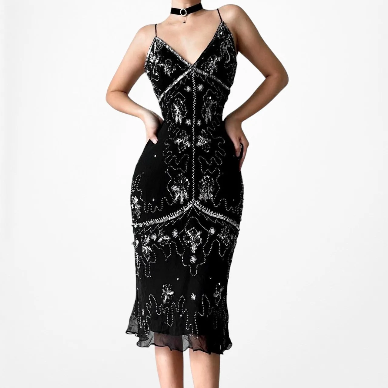 Vintage Black Sequin Beaded Silk Knee Length Bodycon Cocktail Dress Size S