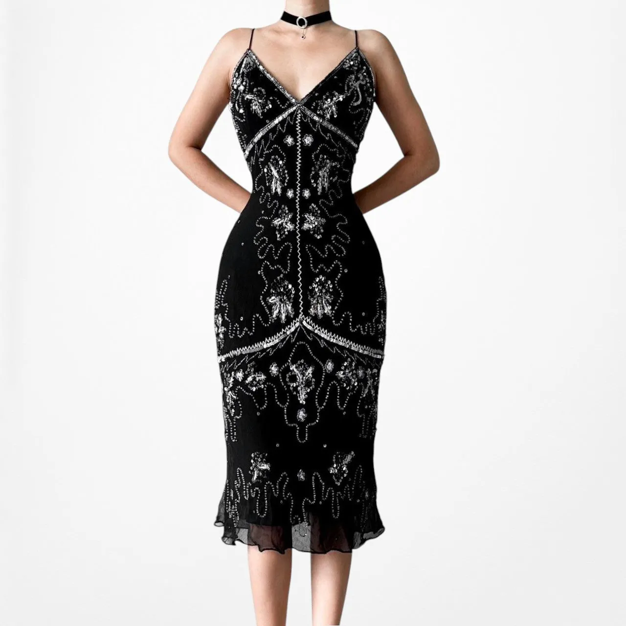 Vintage Black Sequin Beaded Silk Knee Length Bodycon Cocktail Dress Size S