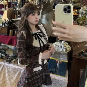 Vintage Striped Plaid Dress Women French Ruffles Elegant Party Kawaii Mini Short Dresses 2023 Autumn Winter Y2k Casual