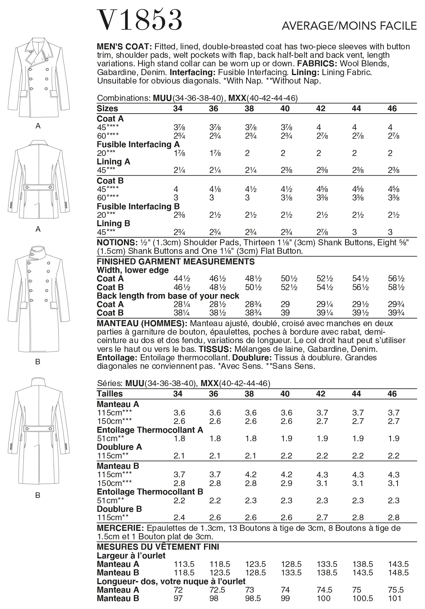 Vogue 1853 Mens Double-Breasted Coat Pattern