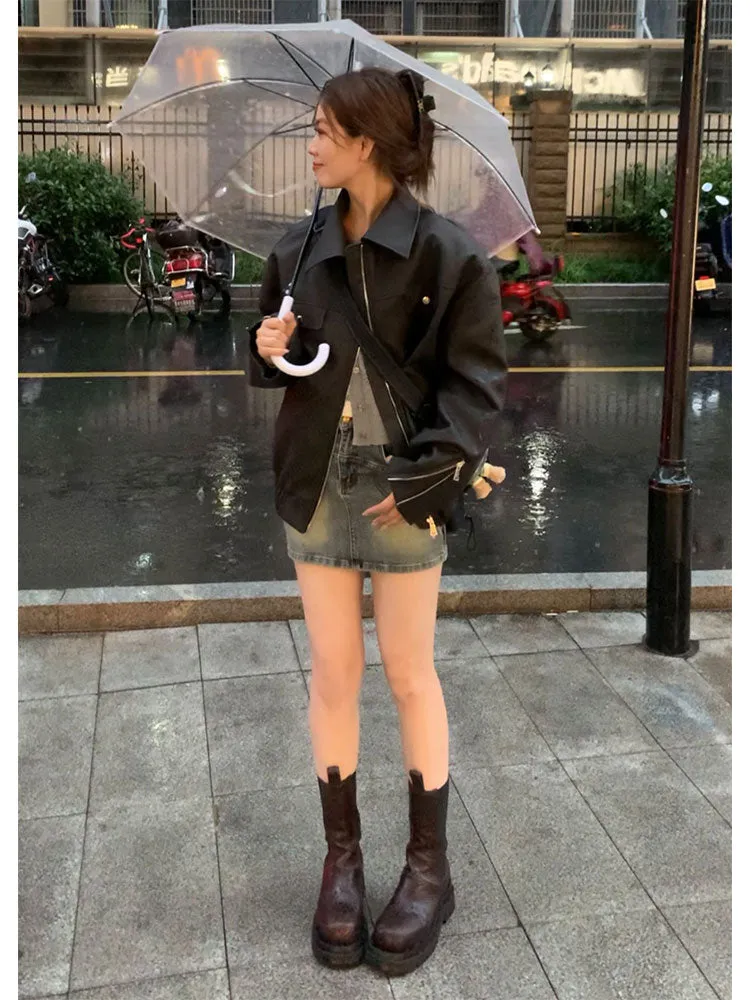 Wenkouban 2023 Autumn Vintage Leather Jackets Women Outwear Casual Long Sleeve Loose Korean Coats Office Lady Y2k Clothing Chic