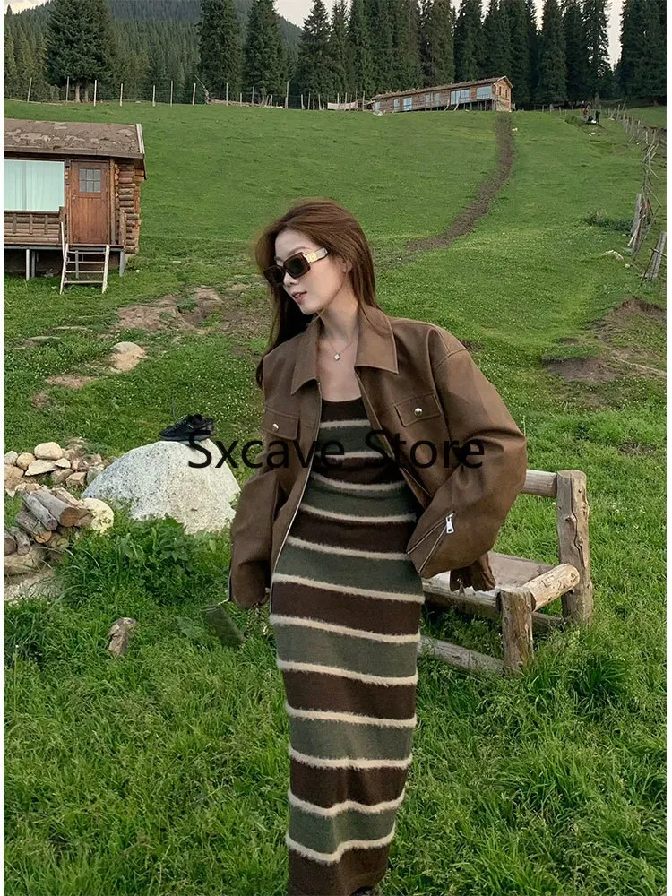 Wenkouban 2023 Autumn Vintage Leather Jackets Women Outwear Casual Long Sleeve Loose Korean Coats Office Lady Y2k Clothing Chic