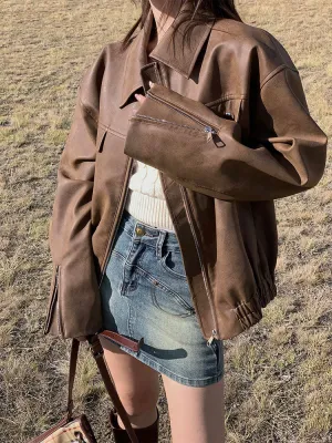 Wenkouban 2023 Autumn Vintage Leather Jackets Women Outwear Casual Long Sleeve Loose Korean Coats Office Lady Y2k Clothing Chic
