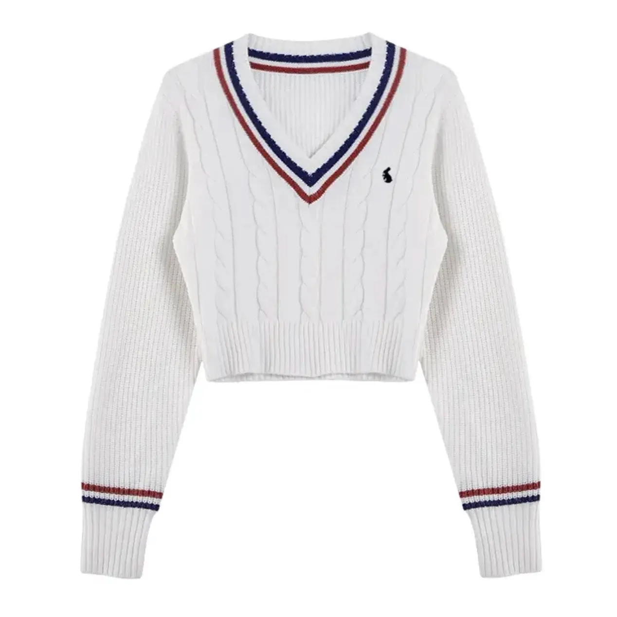 Wenkouban Korean Fashion Crop Sweaters Women Autumn V Neck Y2K Cartoon Embroidery Knitted Tops Winter Basic Long Sleeve Pullovers