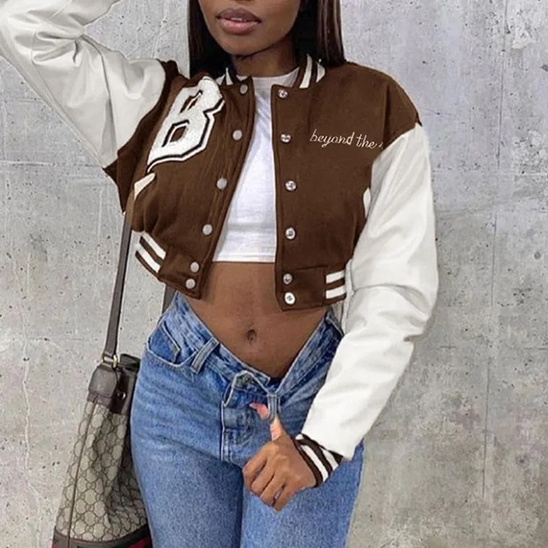 Wenkouban Patchwork Crop Jacket Varsity Women Autumn Winter Casual Oversized Y2k Fashion Baseball Coat