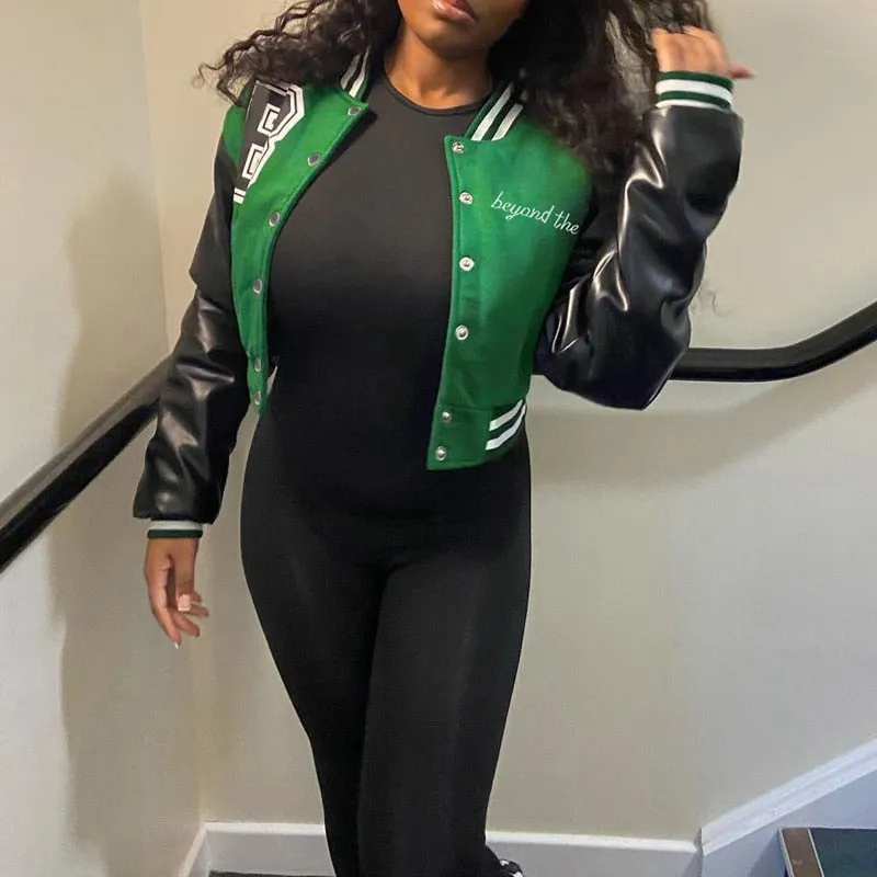 Wenkouban Patchwork Crop Jacket Varsity Women Autumn Winter Casual Oversized Y2k Fashion Baseball Coat