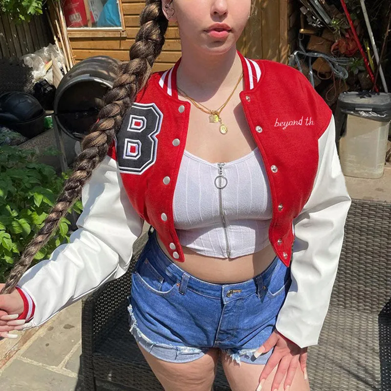 Wenkouban Patchwork Crop Jacket Varsity Women Autumn Winter Casual Oversized Y2k Fashion Baseball Coat