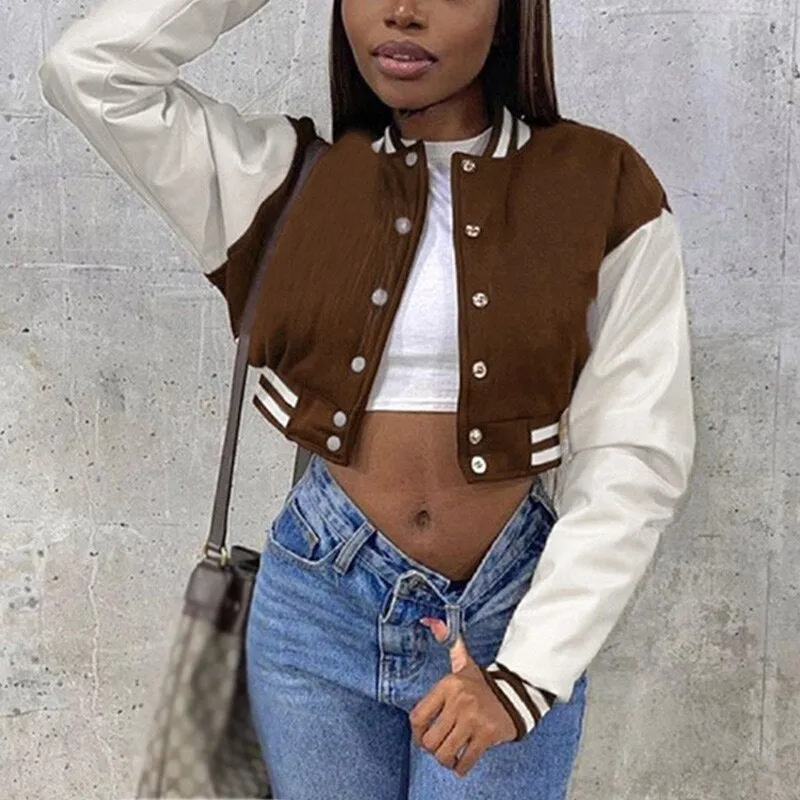 Wenkouban Patchwork Crop Jacket Varsity Women Autumn Winter Casual Oversized Y2k Fashion Baseball Coat