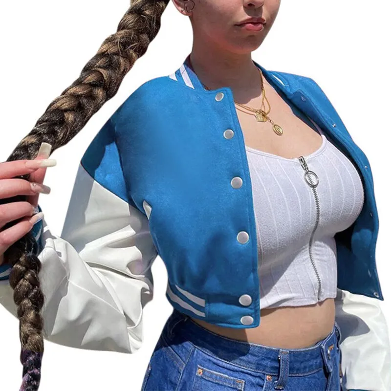 Wenkouban Patchwork Crop Jacket Varsity Women Autumn Winter Casual Oversized Y2k Fashion Baseball Coat