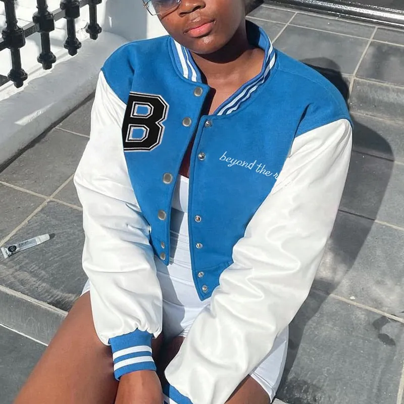Wenkouban Patchwork Crop Jacket Varsity Women Autumn Winter Casual Oversized Y2k Fashion Baseball Coat