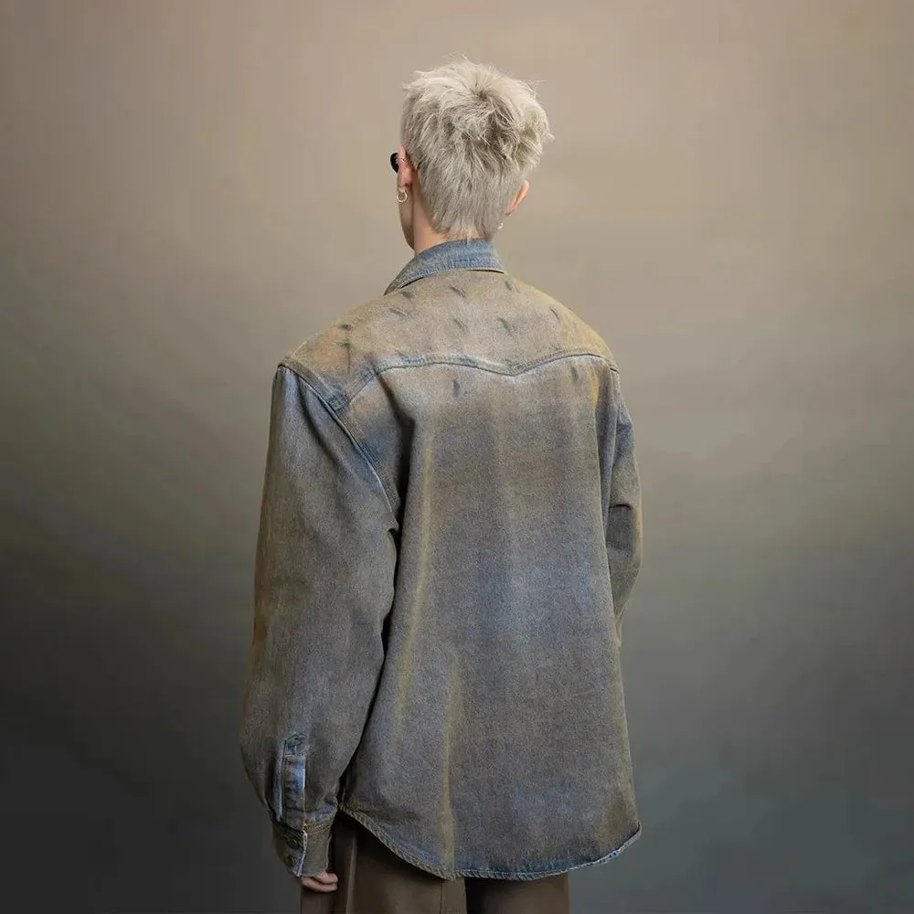Wiaofellas  -  Mens Y2k Distressed Denim Casual Long-Sleeved Shirt Autumn Winter Genderless Fashion Retro Personality Loose Simple Shirt Unisex