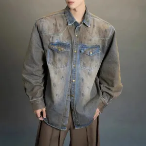 Wiaofellas  -  Mens Y2k Distressed Denim Casual Long-Sleeved Shirt Autumn Winter Genderless Fashion Retro Personality Loose Simple Shirt Unisex