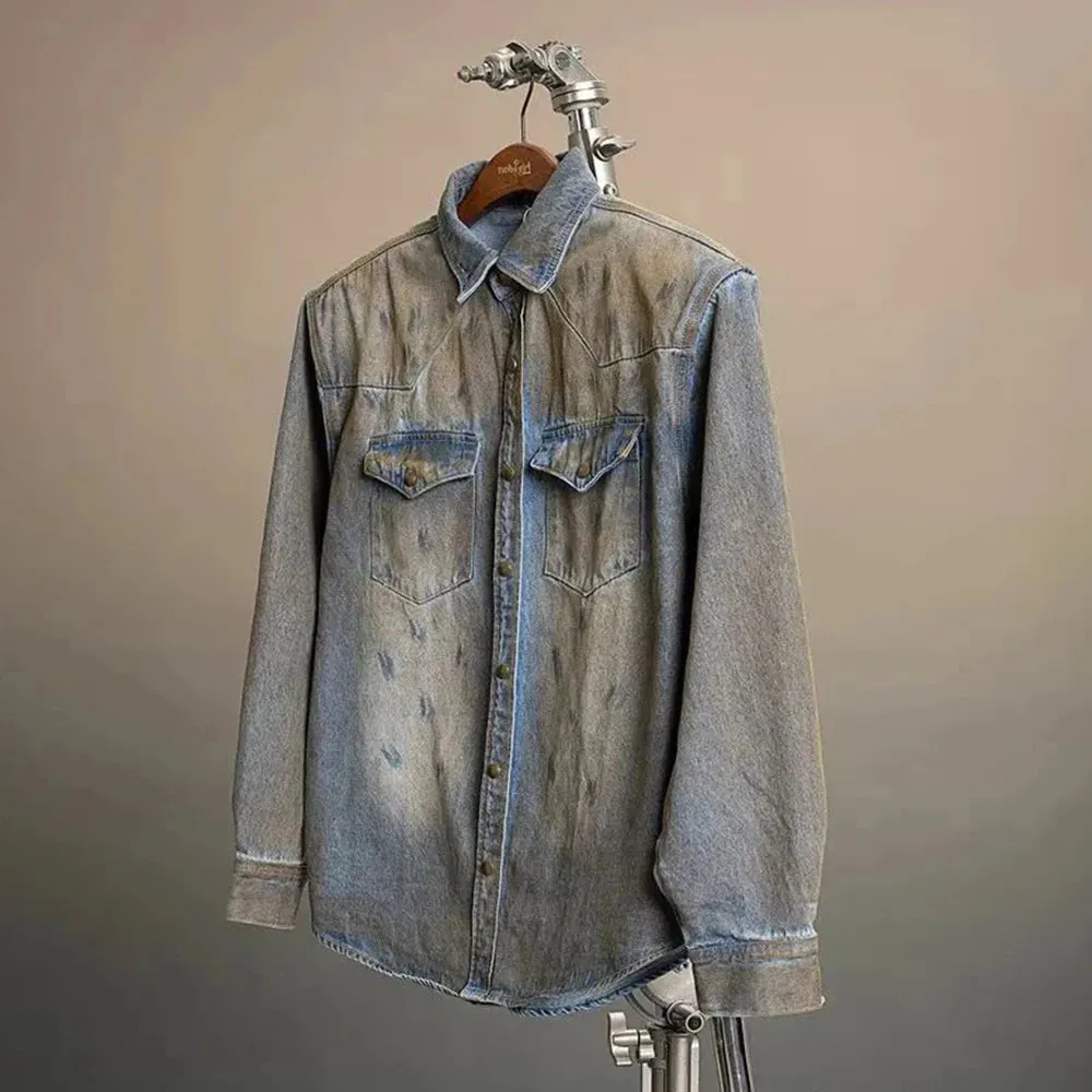 Wiaofellas  -  Mens Y2k Distressed Denim Casual Long-Sleeved Shirt Autumn Winter Genderless Fashion Retro Personality Loose Simple Shirt Unisex