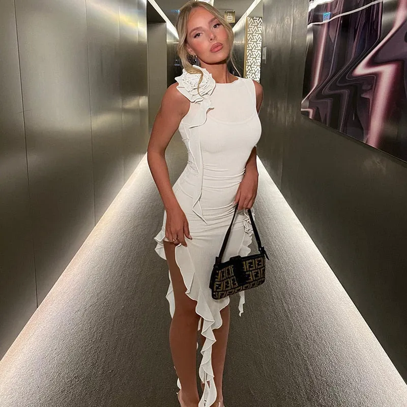 Y2K Ruffles Fairy Dress Women Sexy Mesh See Through Mini Bodycon Dress Summer Rose Red Irregular Beach Party Club Outfits