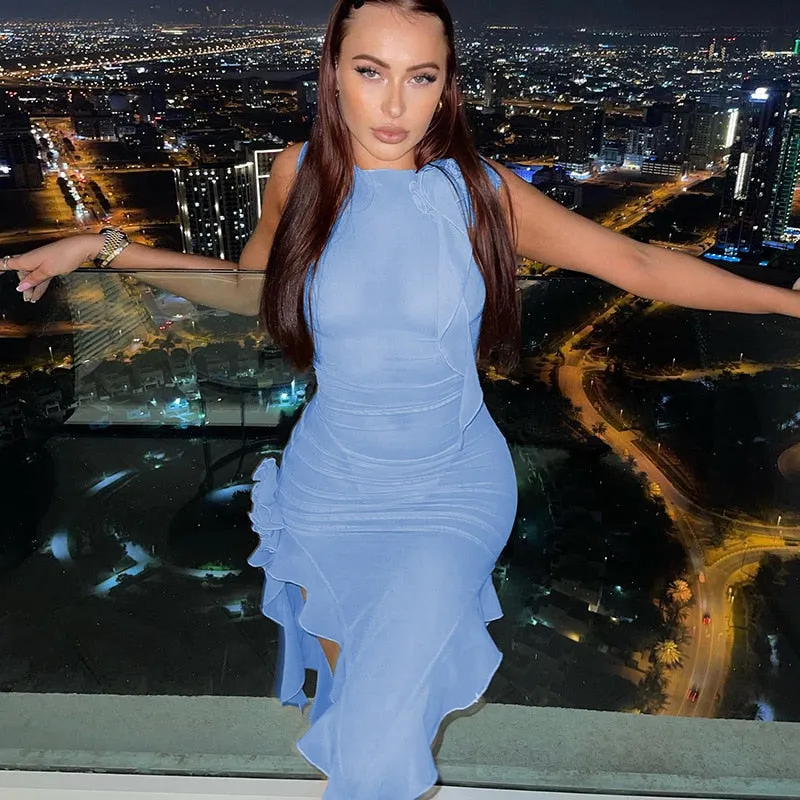 Y2K Ruffles Fairy Dress Women Sexy Mesh See Through Mini Bodycon Dress Summer Rose Red Irregular Beach Party Club Outfits