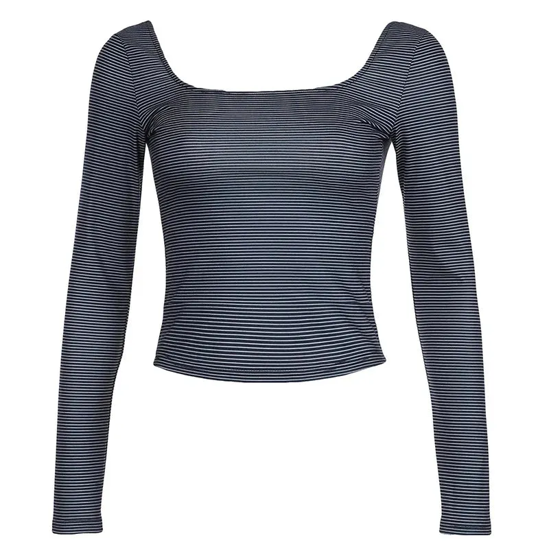 Y2k Striped Backless Crop Tops Women 2024 Autumn Winter Basic T Shirts Square Neck Long Sleeve Tees P77-AG10