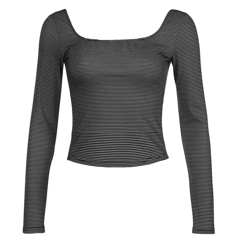 Y2k Striped Backless Crop Tops Women 2024 Autumn Winter Basic T Shirts Square Neck Long Sleeve Tees P77-AG10